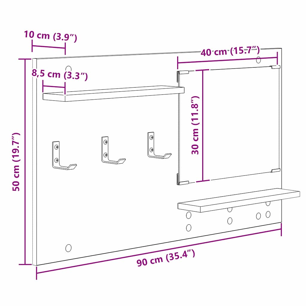 Vegghengt kleshenger Svart Eik 90 x 10 x 50 cm Konstruert tre