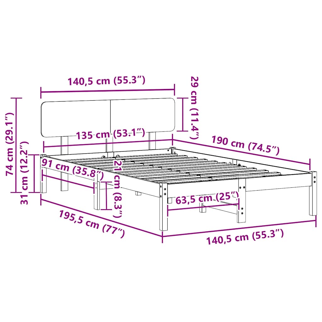 Sengestamme med hodegjerde Naturlig 135 x 190 cm Massiv furu