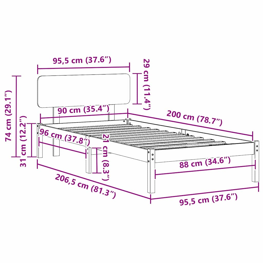 Sengestamme med hodegjerde Naturlig 90 x 200 cm Massiv furu