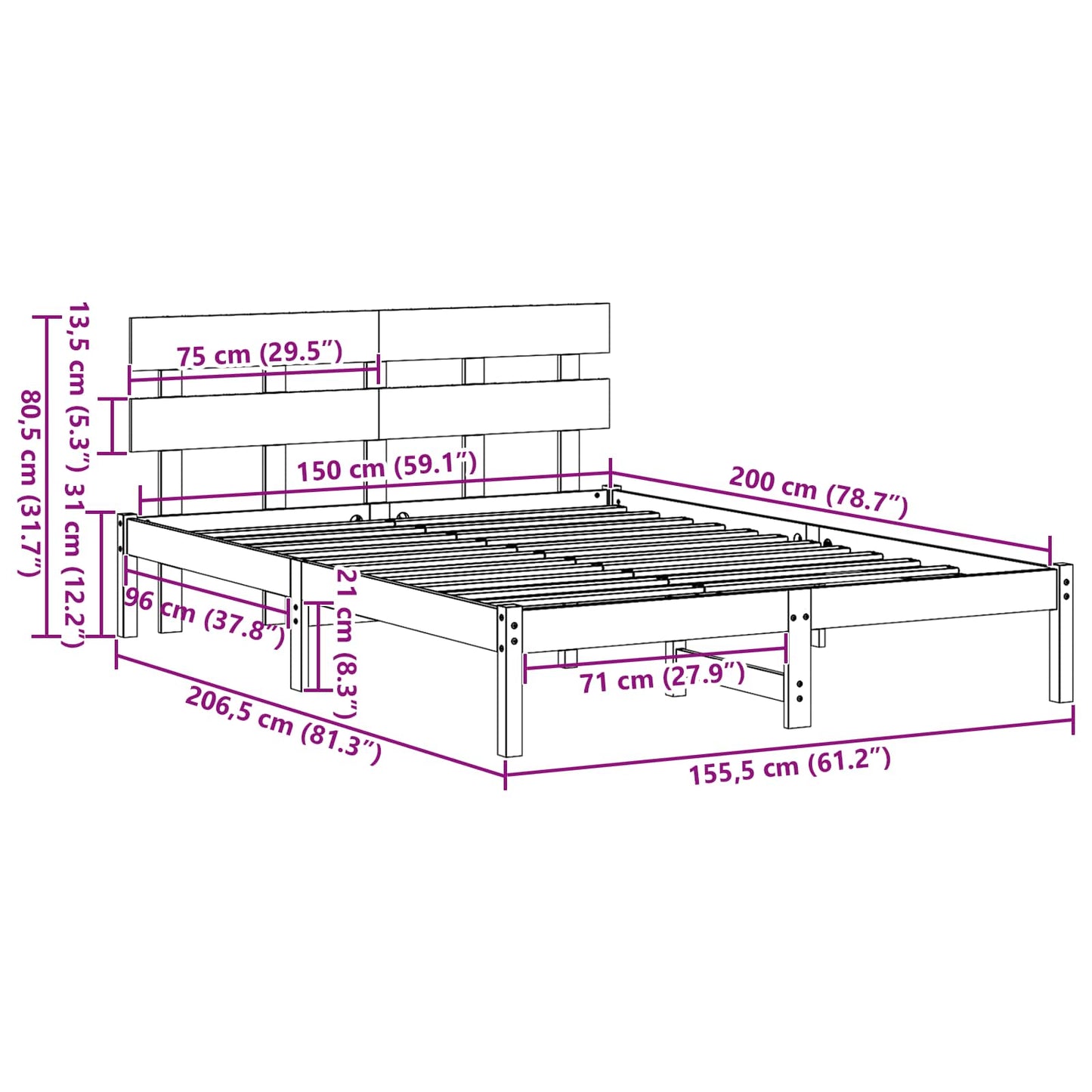 Sengestamme med hodegjerde Hvit 150 x 200 cm Massivt furutre