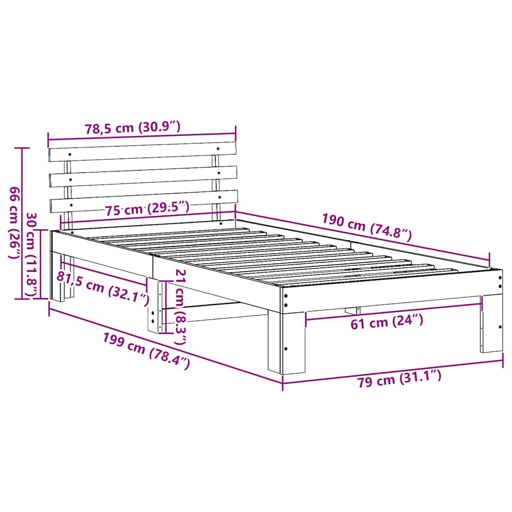 Sengestamme med hodegjerde Hvit 75 x 190 cm Massiv furu