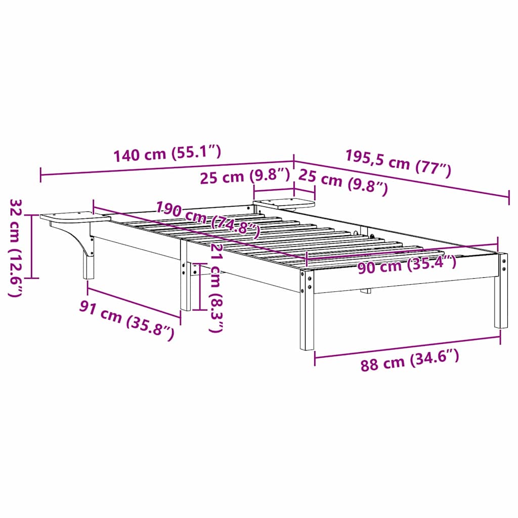 Sengestamme Hvit 90 x 190 cm Massiv furu