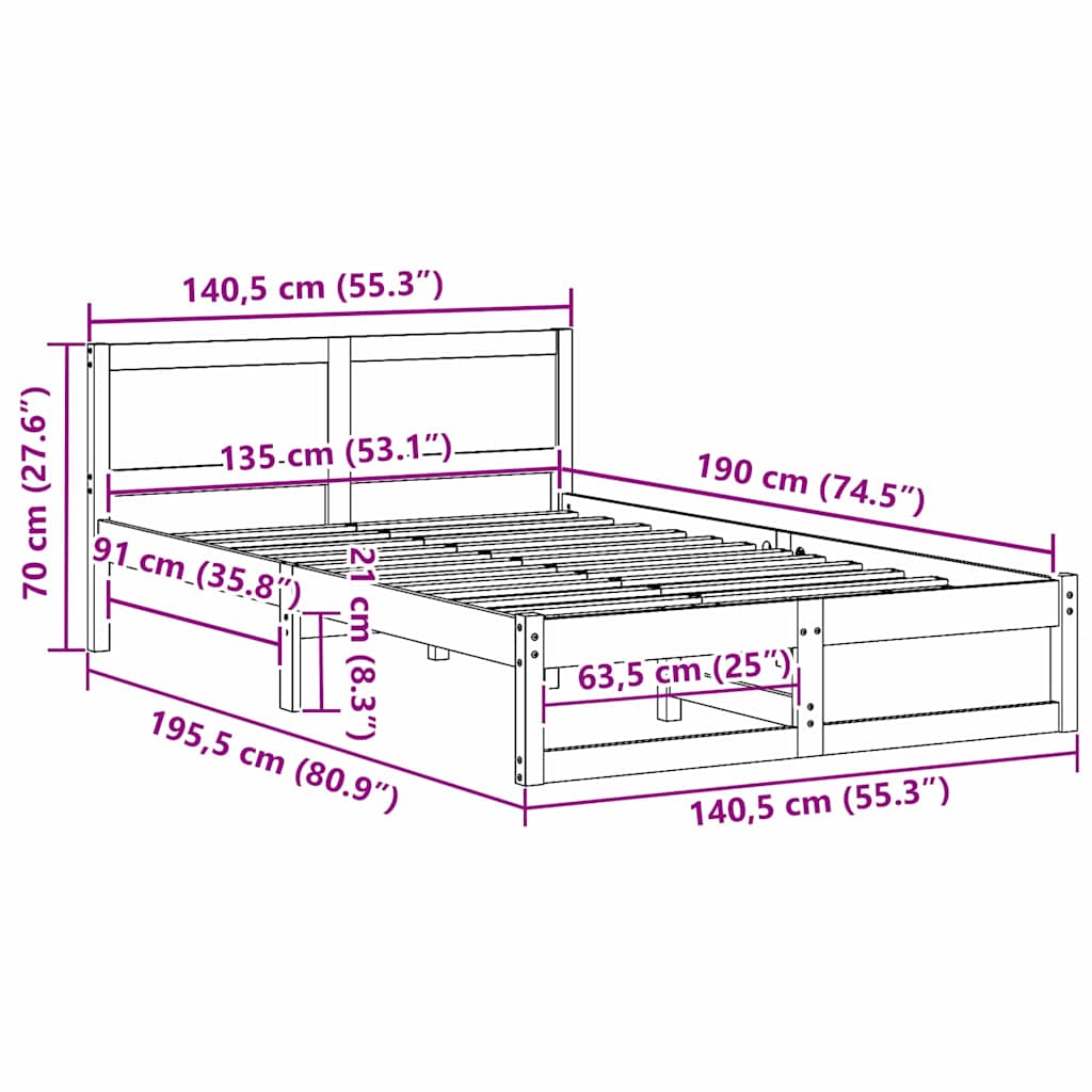 Sengestamme med hodegjerde Vokset Brun 135 x 190 cm Massiv furu