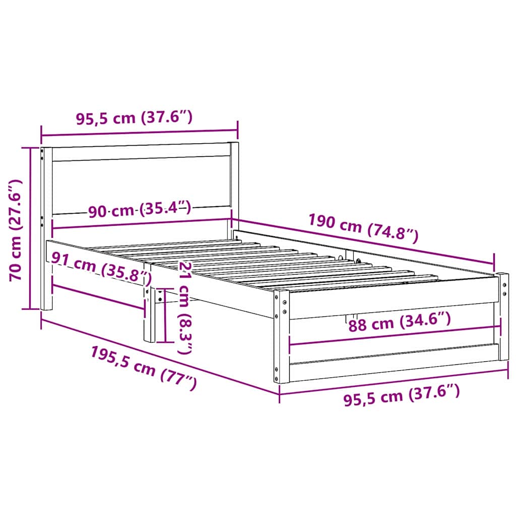 Sengestamme med hodegjerde Vokset Brun 90 x 190 cm Massiv furu