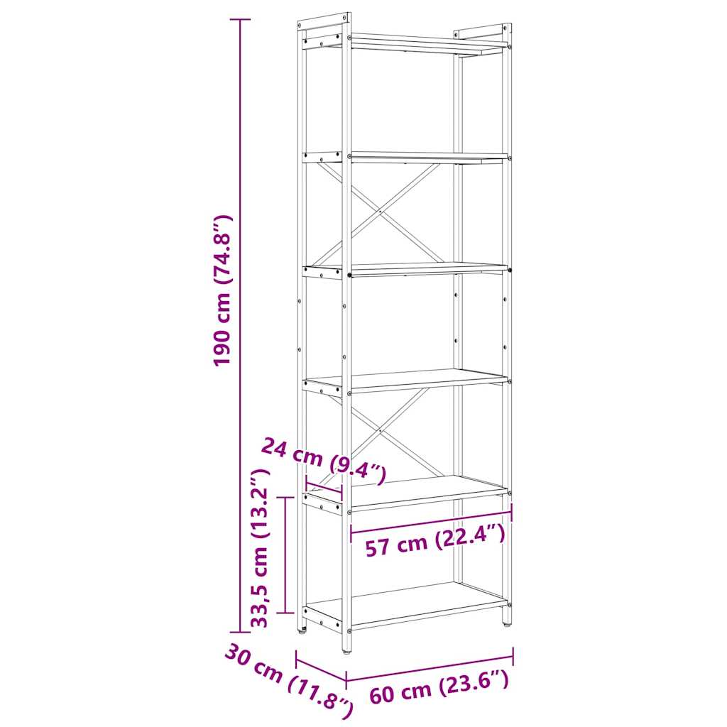 Bokhylle Sonoma eik 60 x 30 x 189,5 cm Konstruert tre