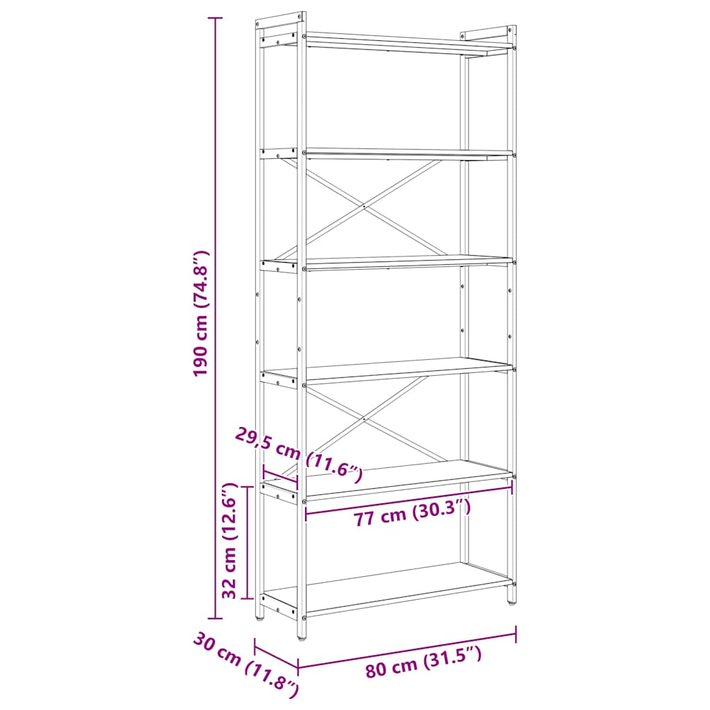 Bokhylle Sonoma eik 80 x 30 x 189,5 cm Konstruert tre