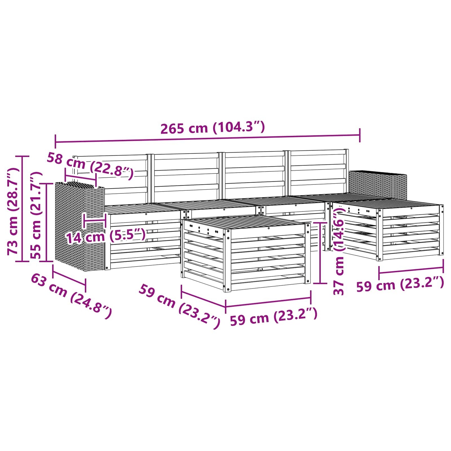 Utendørs sofa-sett 6 pcs Naturlig