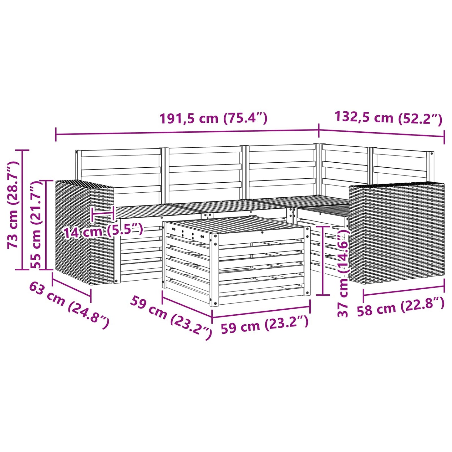 Utendørs sofa-sett 5 pcs Naturlig 59 x 59 x 37 cm Polyester