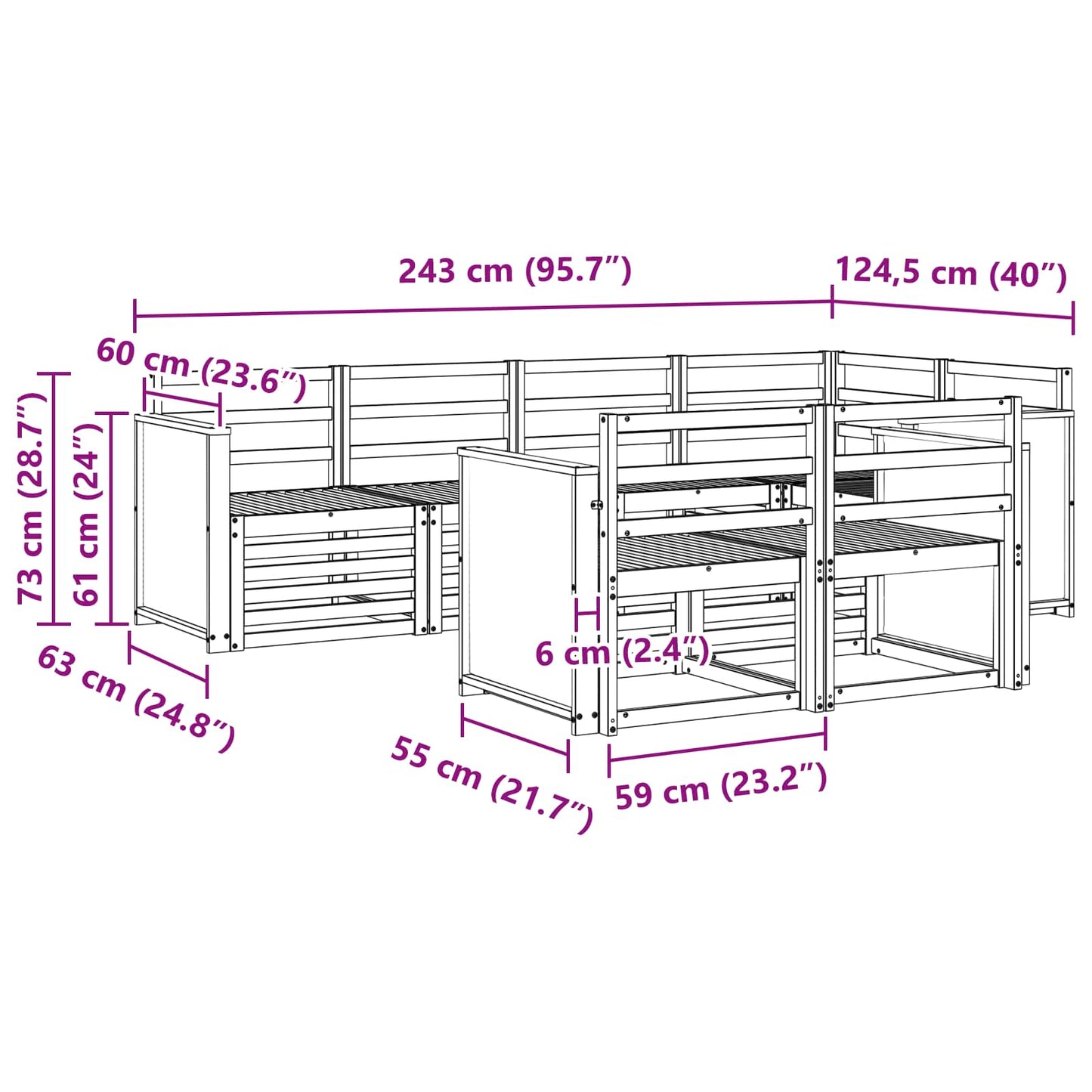 Seksjonssofa Sett 6 pcs Naturlig Solid akasietre