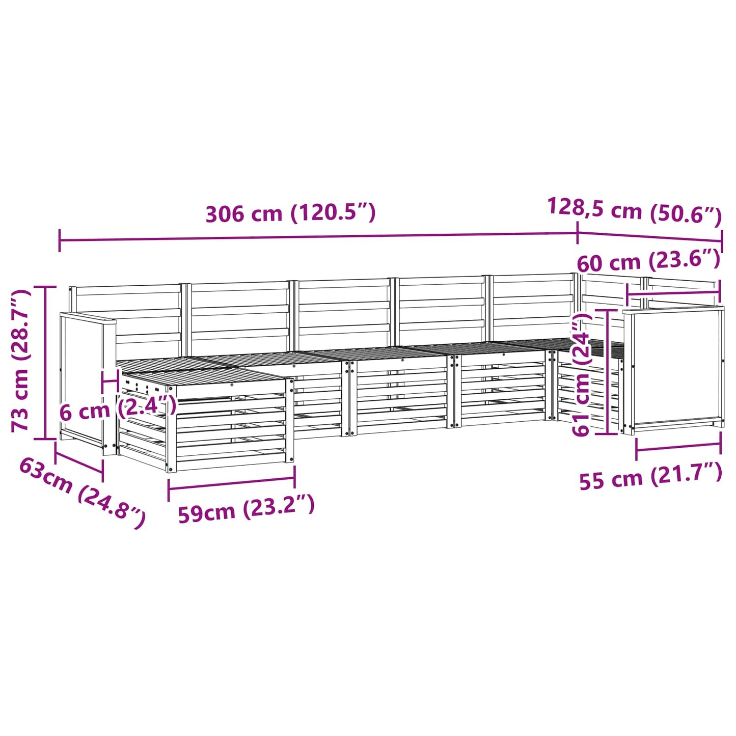 Seksjonssofa Sett 6 pcs Naturlig Solid akasietre
