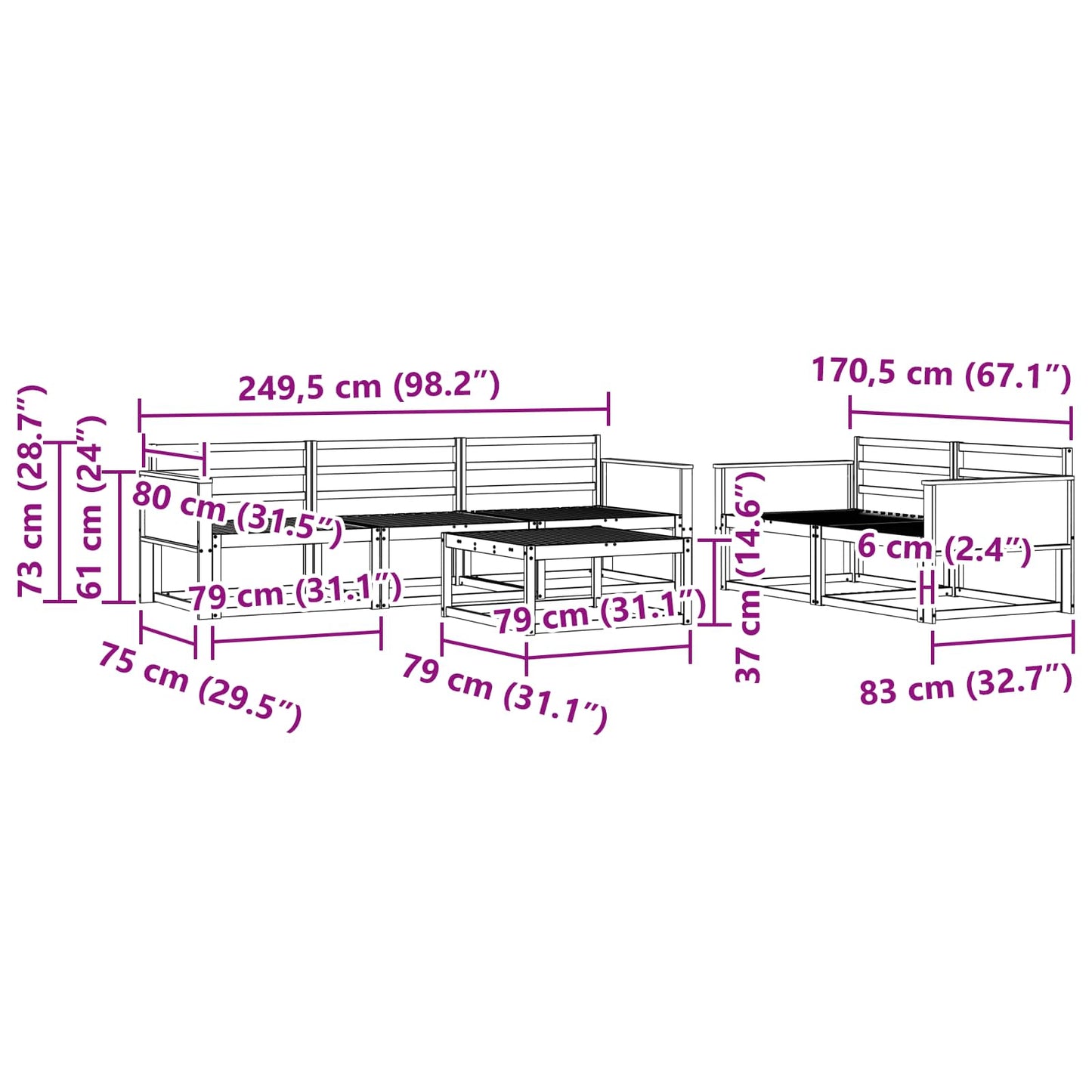 Utendørs sofa-sett 6 pcs Naturlig Solid akasietre