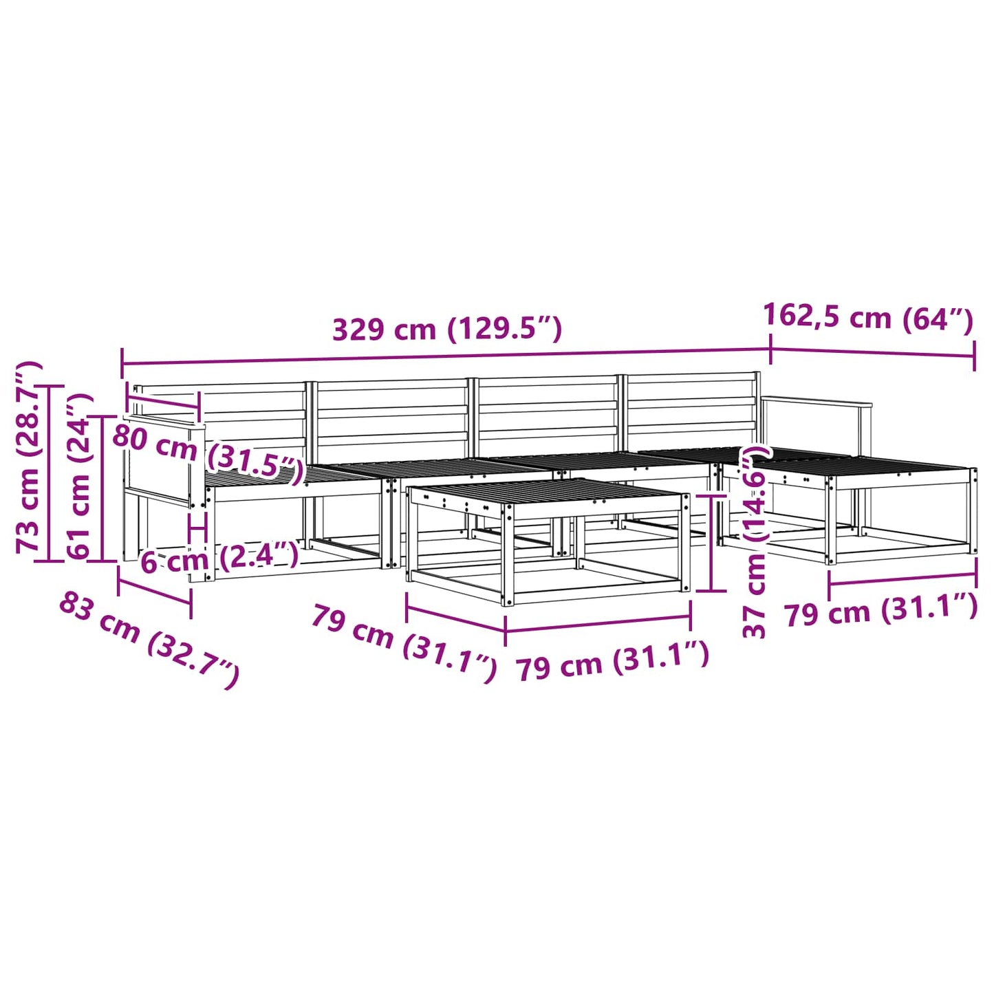 Utendørs sofa-sett 6 pcs Naturlig Solid akasietre