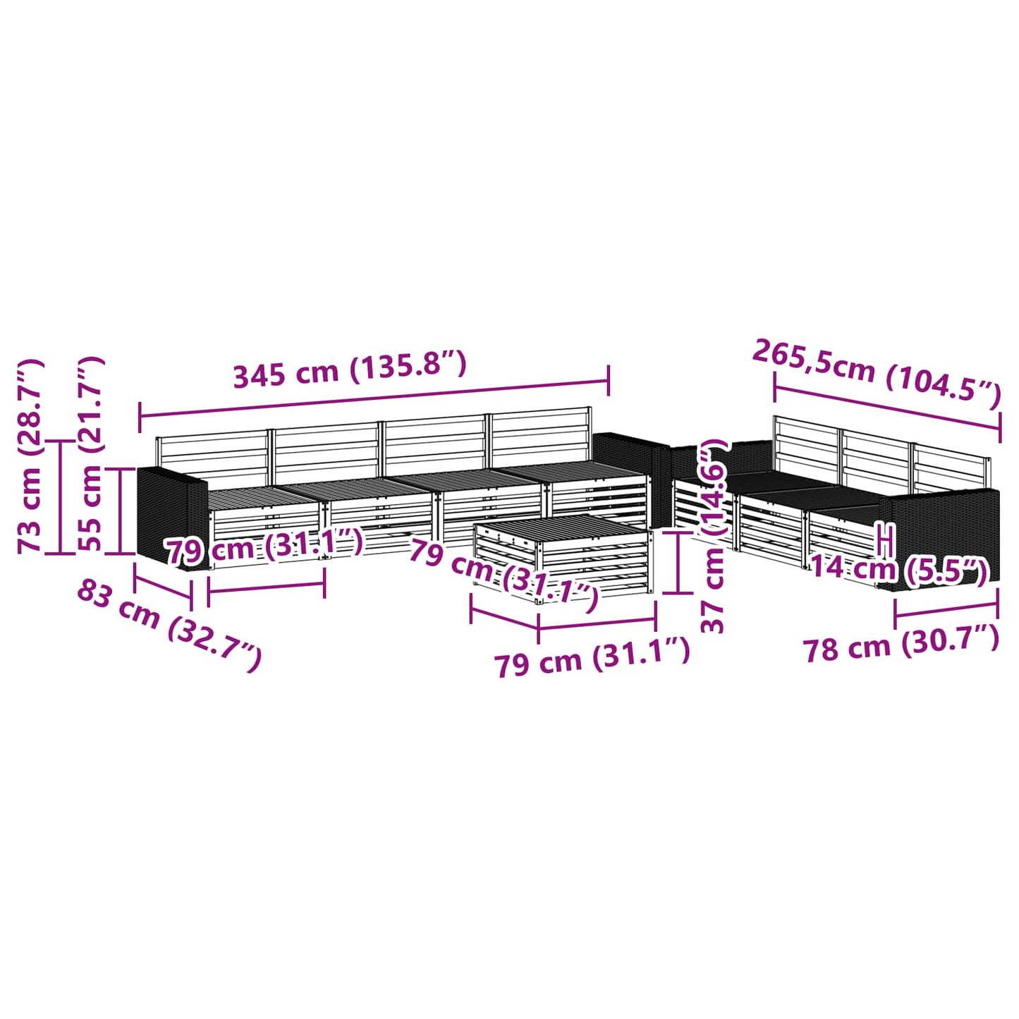 Utendørs sofa-sett 8 pcs Naturlig 79 x 79 x 37 cm