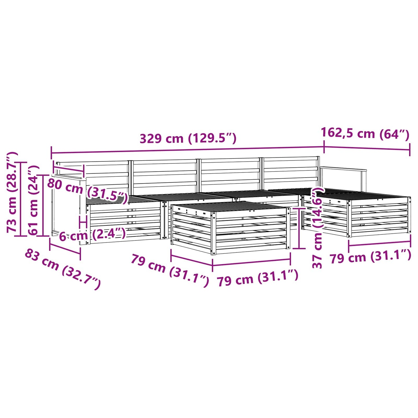 Utendørs sofa-sett 6 pcs Naturlig Solid akasietre