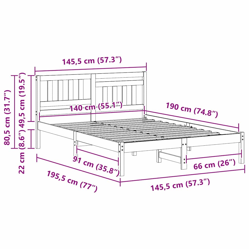 Sengestamme med hodegjerde Vokset Brun 140 x 190 cm Massiv furu