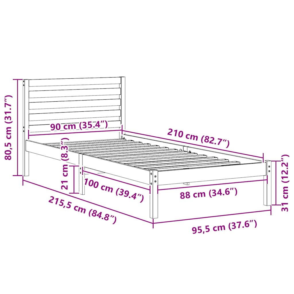 Sengestamme med hodegjerde Vokset Brun 90 x 210 cm Massiv furu