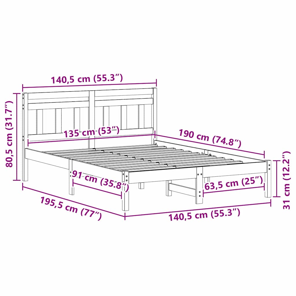 Sengestamme Hvit 135 x 190 cm Massiv furu
