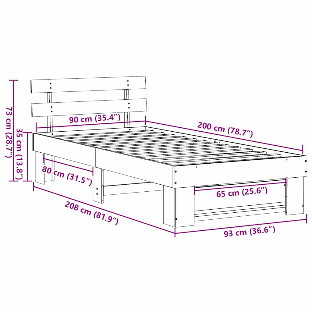 Sengestamme med hodegjerde Brun 90 x 200 cm Massiv furu