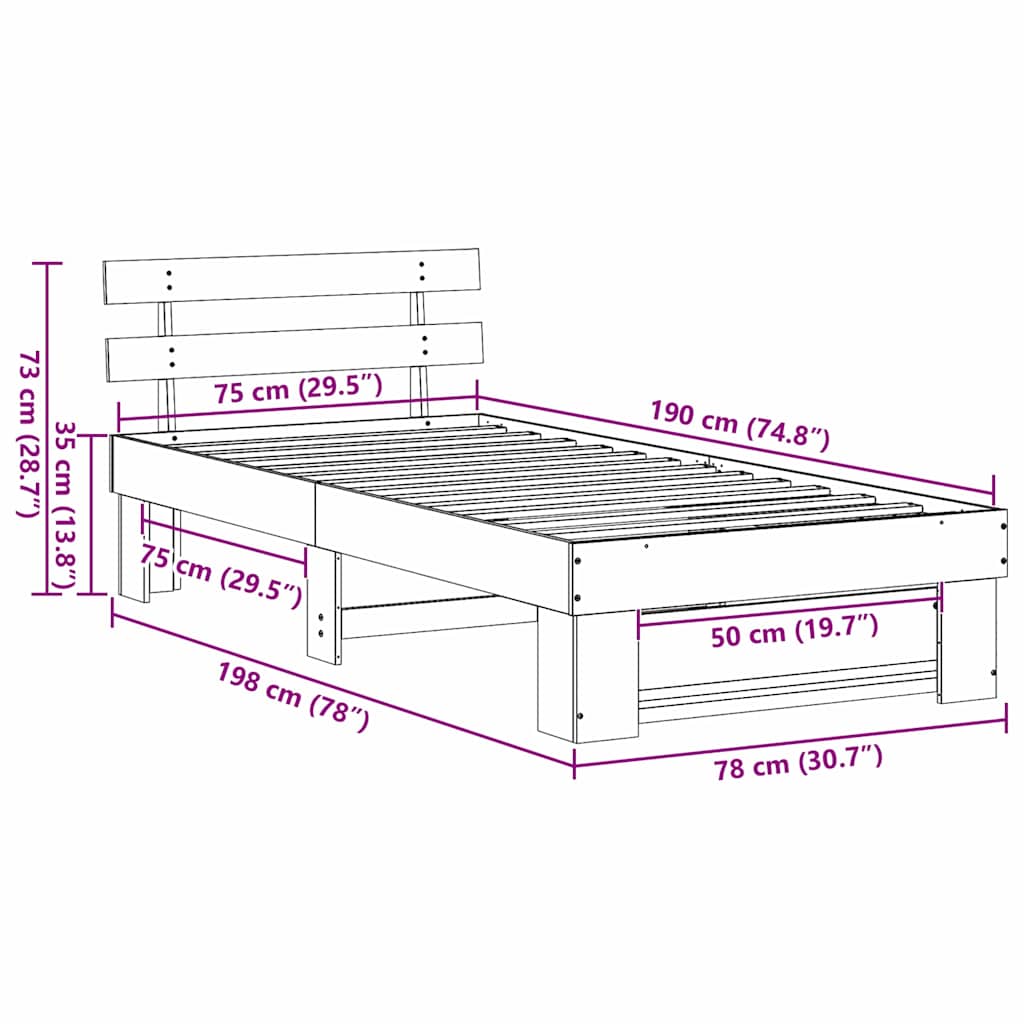 Sengestamme med hodegjerde Brun 75 x 190 cm Massiv furu