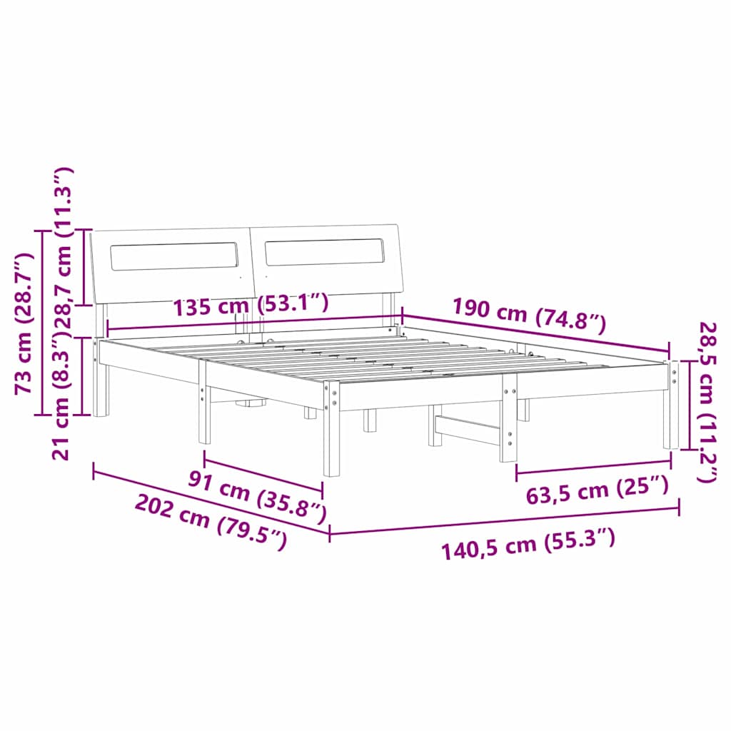 Sengestamme med hodegjerde Brun 135 x 190 cm Massiv furu