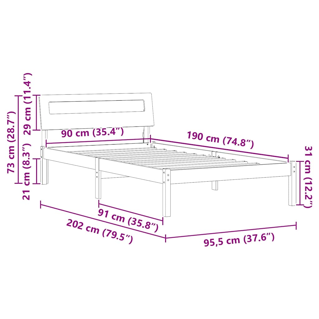 Sengestamme med hodegjerde Hvit 90 x 190 cm Massiv furu