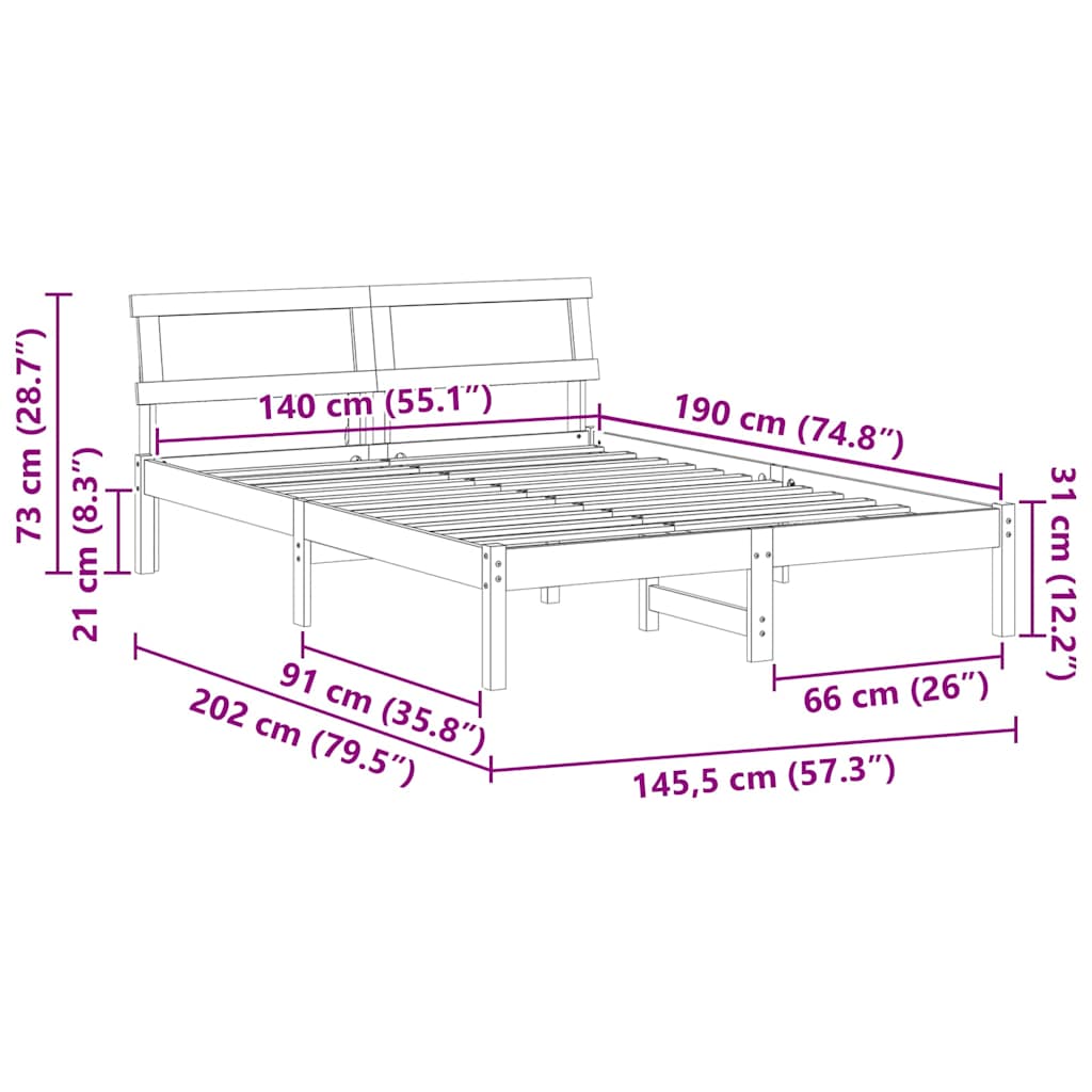 Sengestamme med hodegjerde Brun 140 x 190 cm Massiv furu