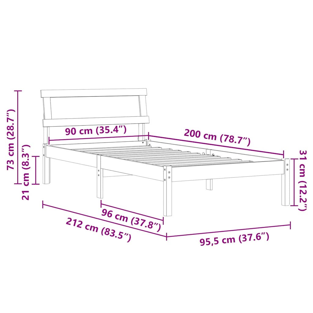 Sengestamme med hodegjerde Hvit 90 x 200 cm Massiv furu