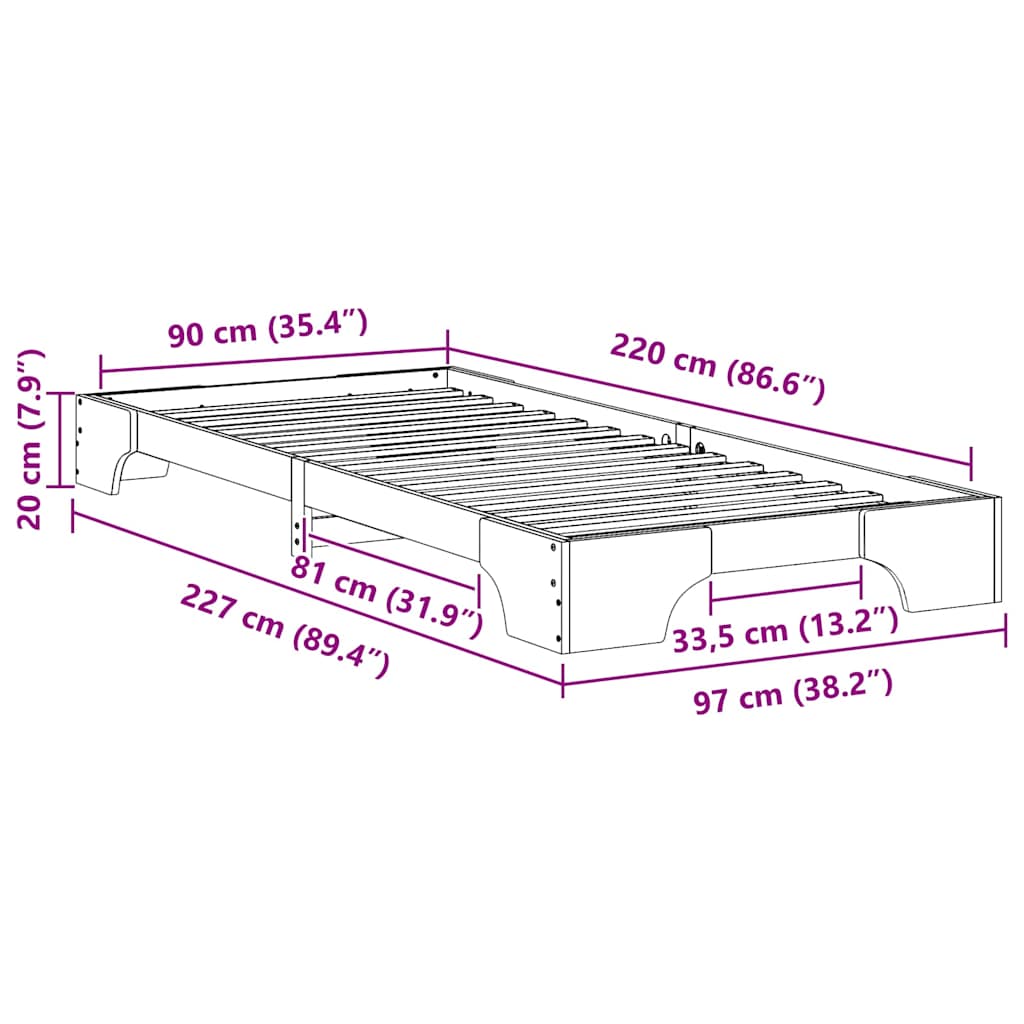 Gulvbedramme med lagring Brun 90 x 220 cm Heltre furu