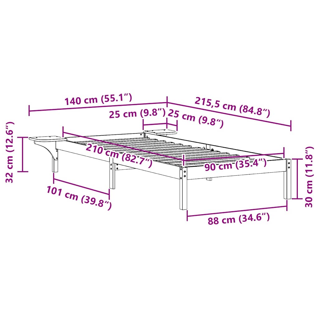 Sengestamme med Sidebord Vokset Brun 90 x 210 cm Massiv furu