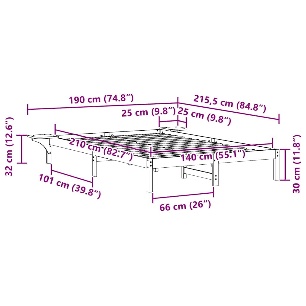 Sengestamme med Sidebord Vokset Brun 140 x 210 cm Massiv furu