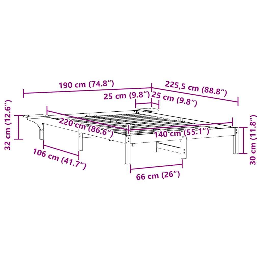 Sengestamme med Sidebord Naturlig 140 x 220 cm Massiv furu