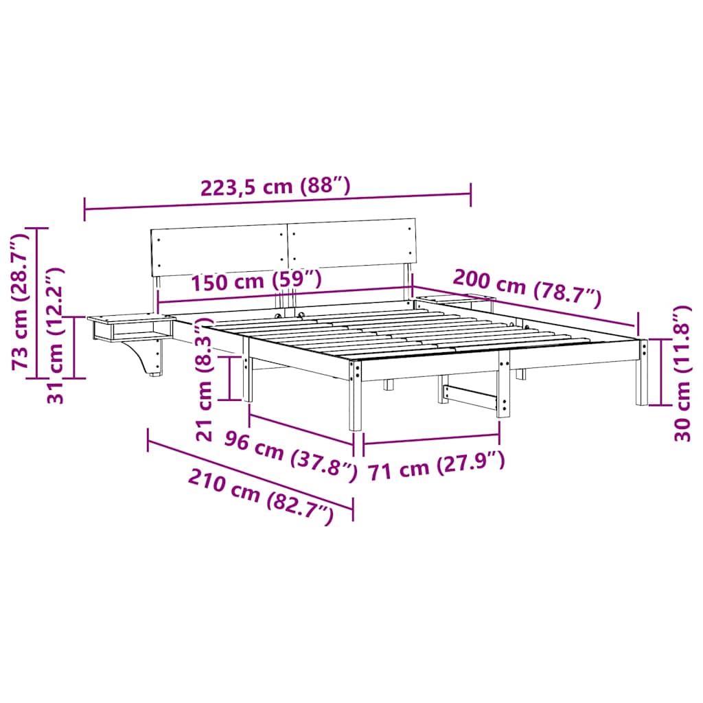 Sengestamme med hodegjerde Brun 150 x 200 cm Massiv furu