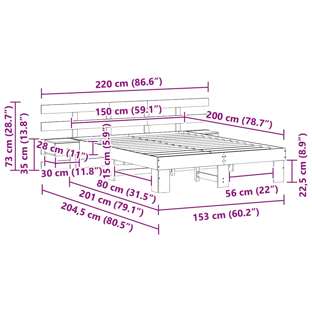 Sengestamme med hodegjerde Brun 150 x 200 cm Massiv furu