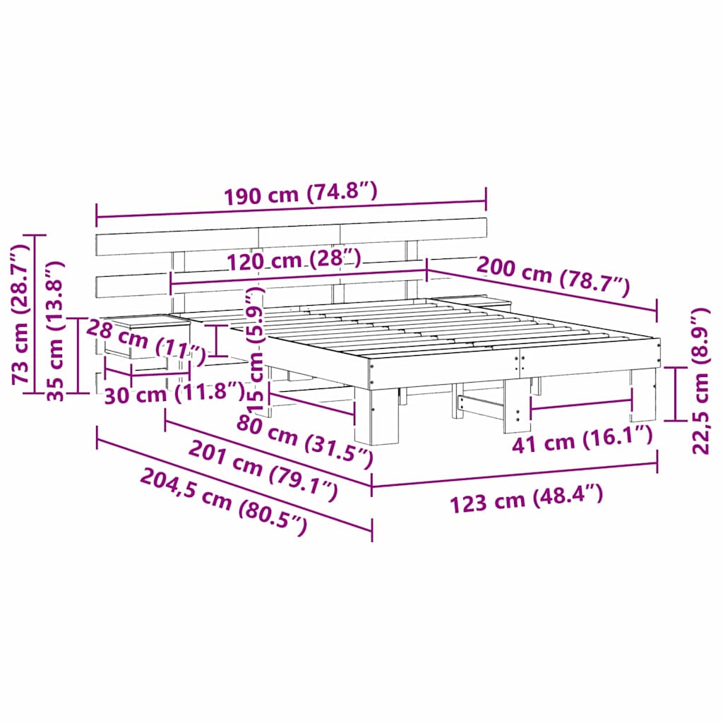 Sengestamme med hodegjerde Brun 120 x 200 cm Massiv furu