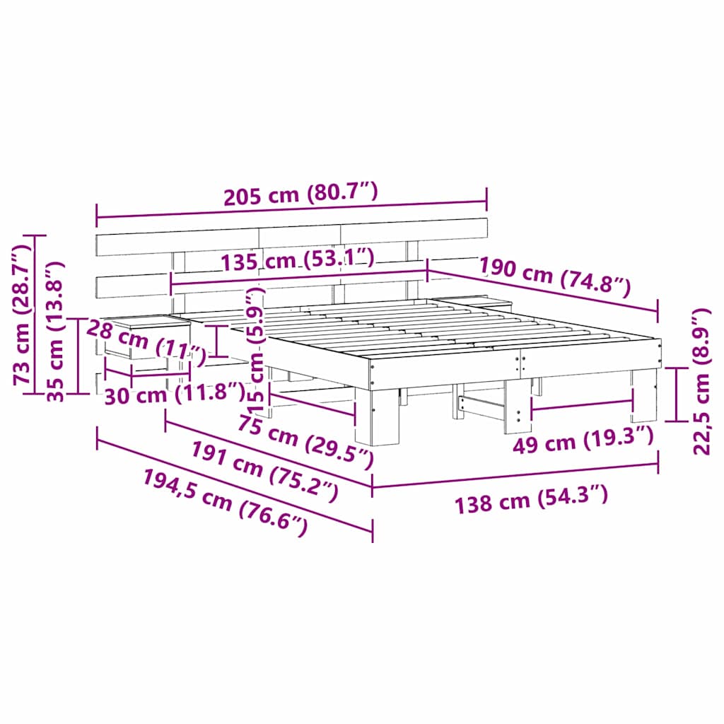 Sengestamme med hodegjerde Brun 135 x 190 cm Massiv furu