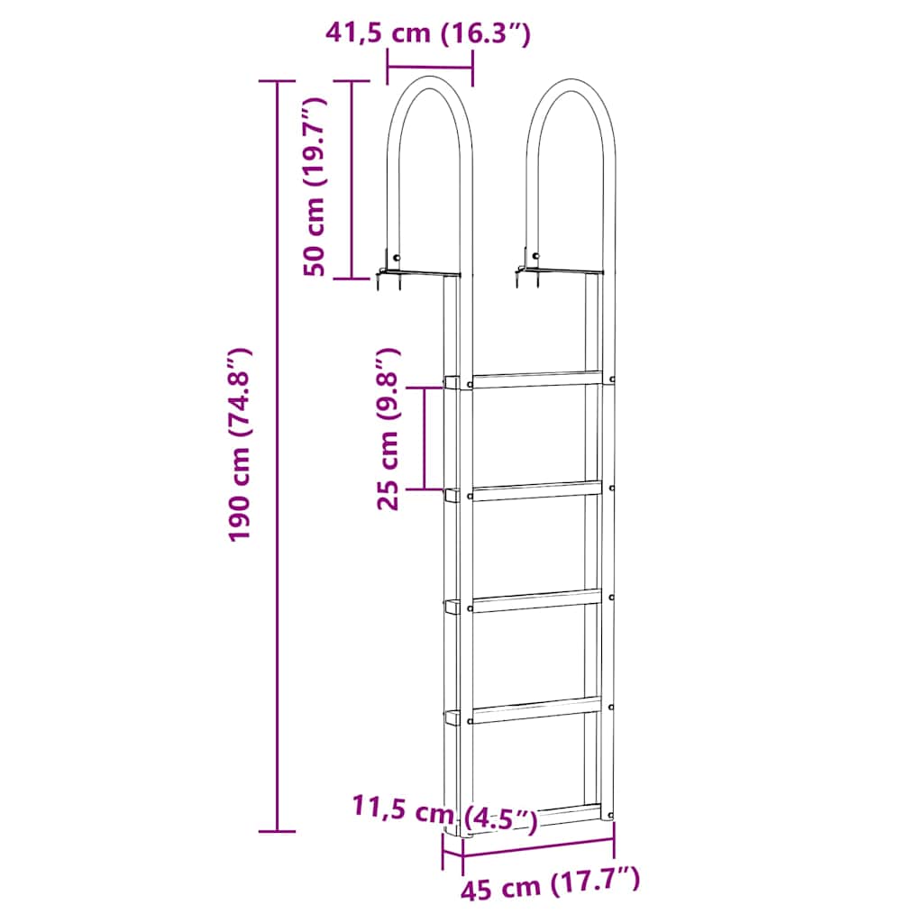 5-trinns dokkestige sølv 45 ×11,5 ×190 cm Aluminium