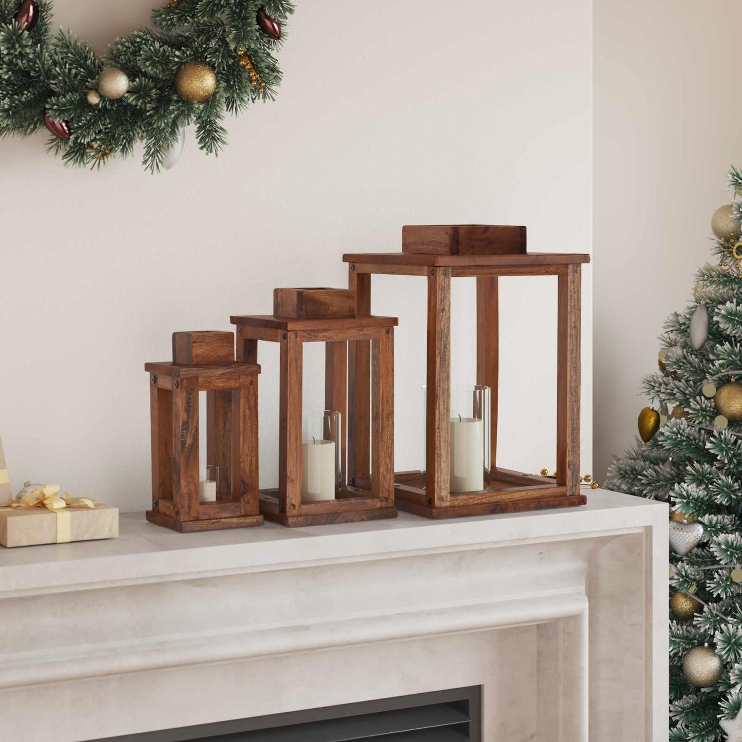 Lanterne 3 pcs Naturlig Mahogni Tre