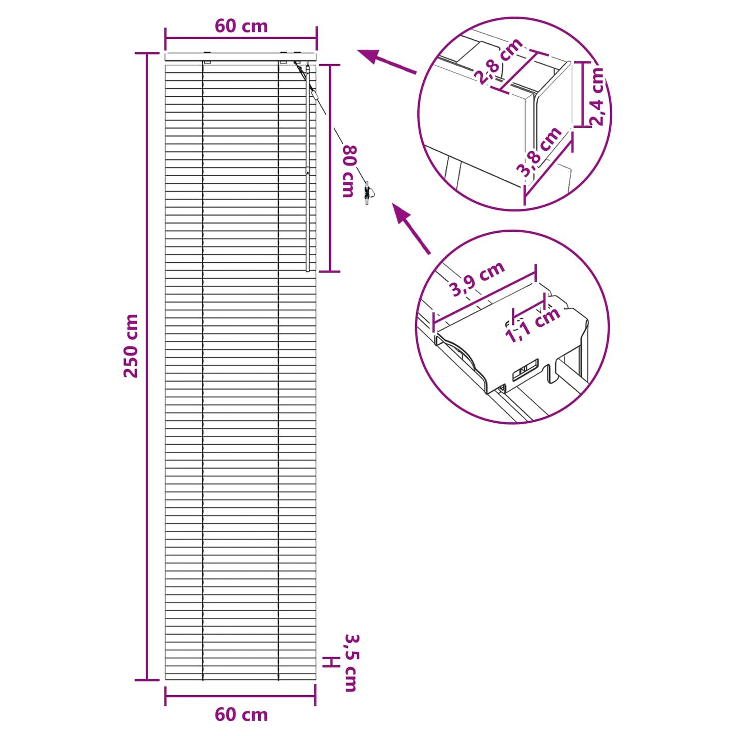 Venetiansk persienne Eikefinér 60 x 250 cm 35 mm