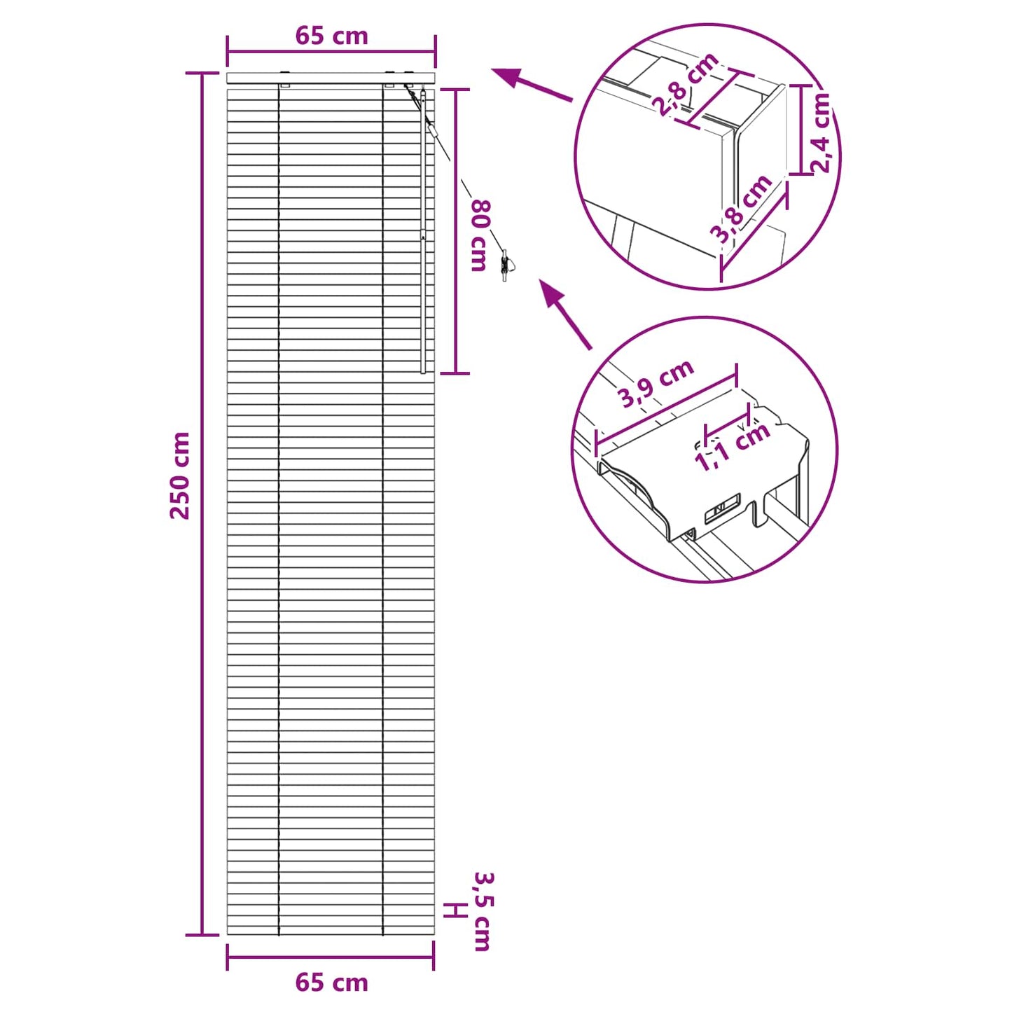 Venetiansk persienne Eikefinér 65 x 250 cm 35 mm