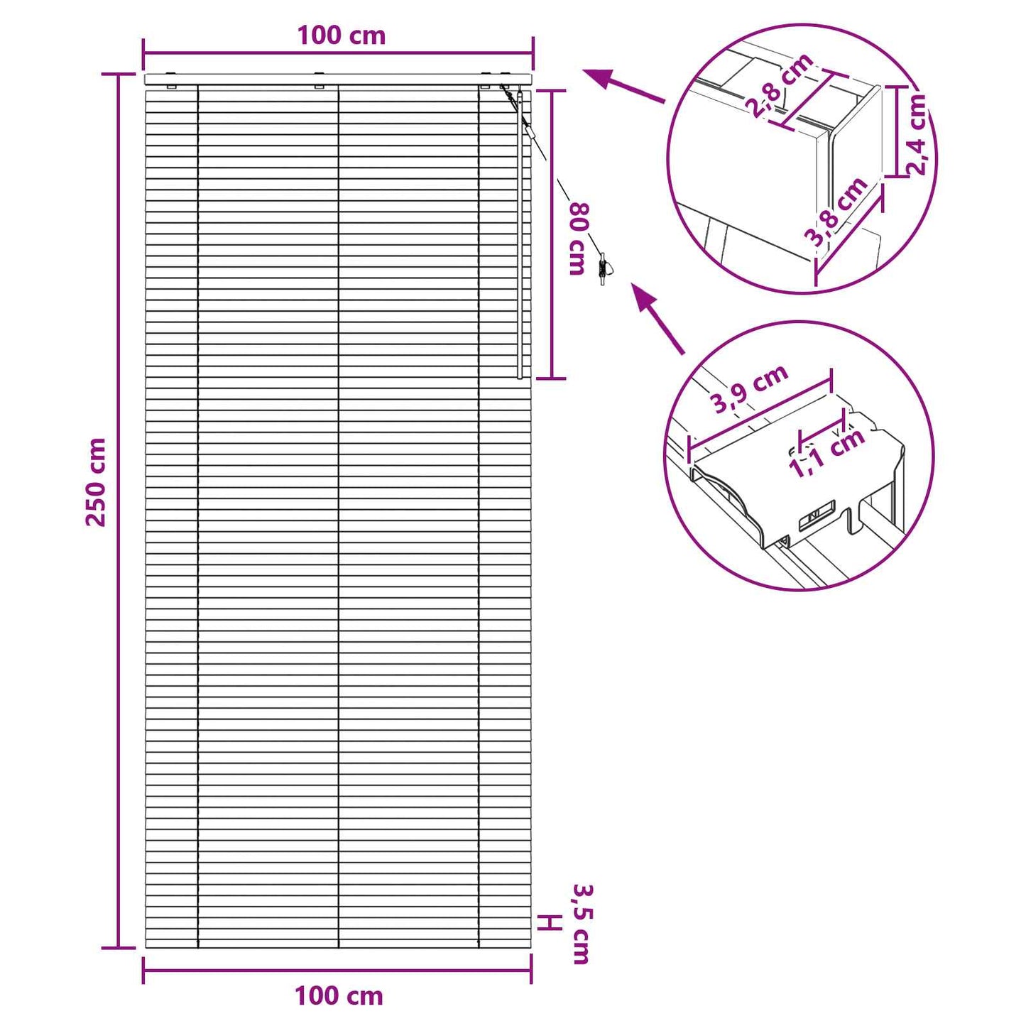 Venetiansk persienne Eikefinér 100 x 250 cm 35 mm