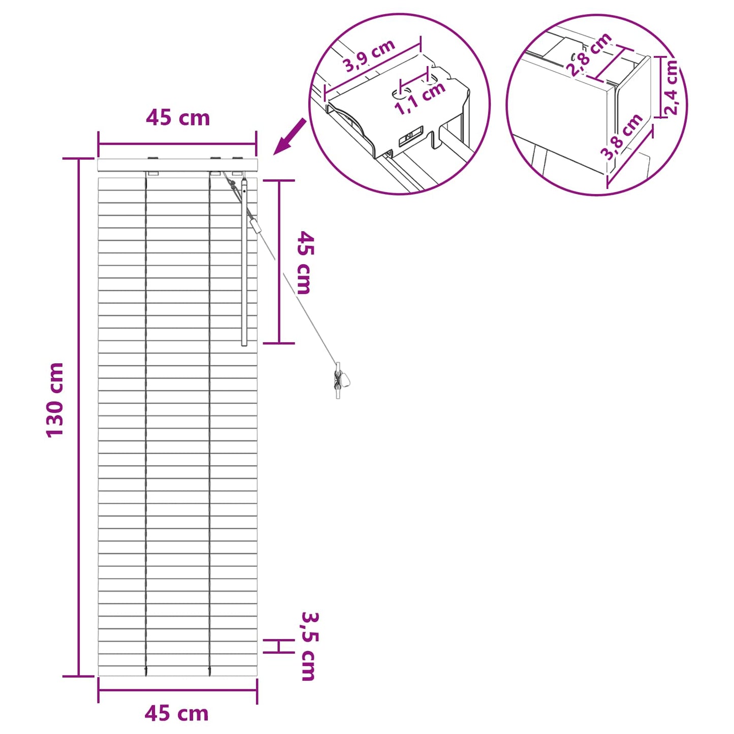 Venetiansk persienne Hvit 45 x 130 cm 35 mm