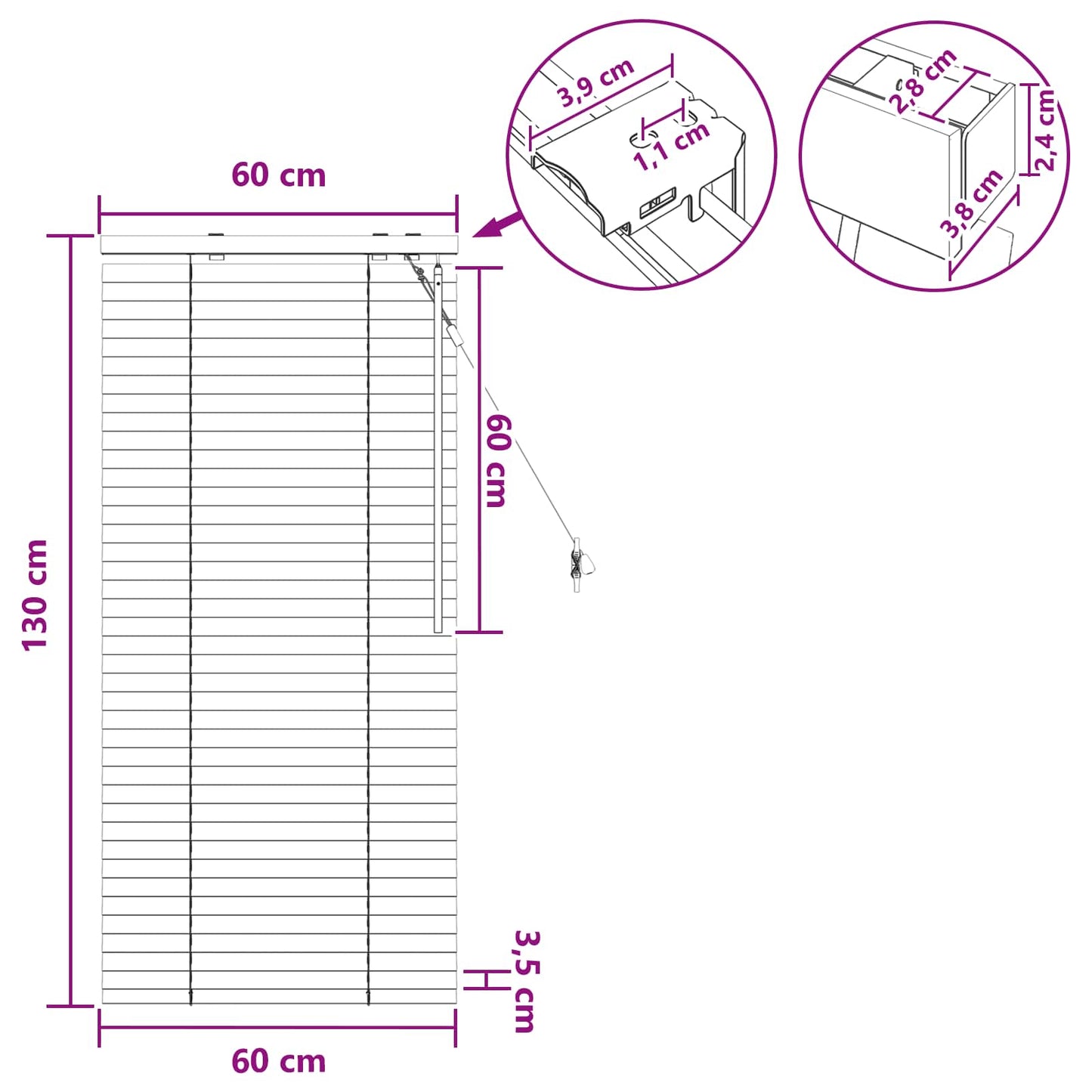 Venetiansk persienne Hvit 60 x 130 cm 35 mm