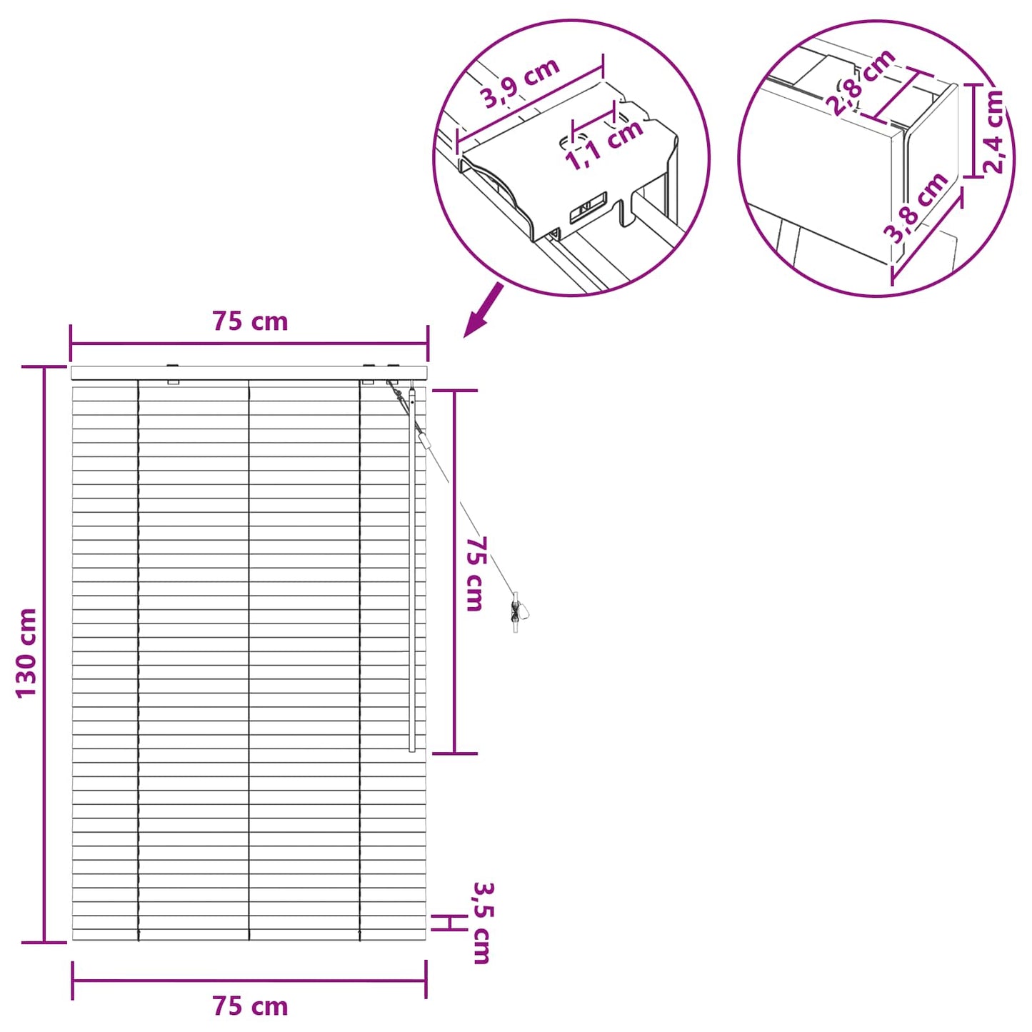 Venetiansk persienne Hvit 75 x 130 cm 35 mm