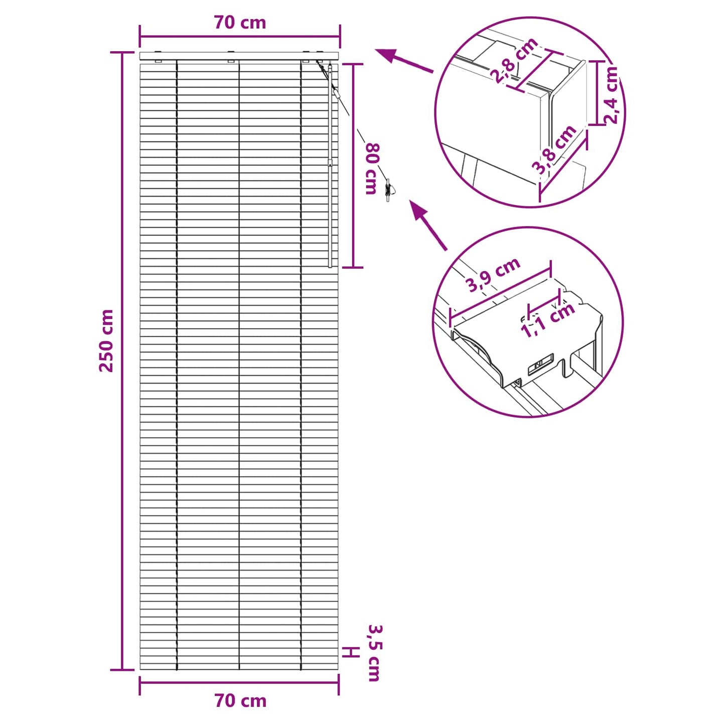 Venetiansk persienne Hvit 70 x 250 cm 35 mm