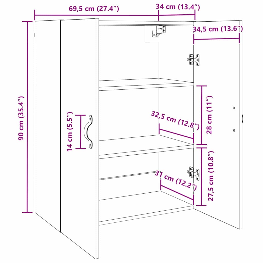 Veggskap Veggmontert Svart Eik 69,5 x 34 x 90 cm Konstruert tre