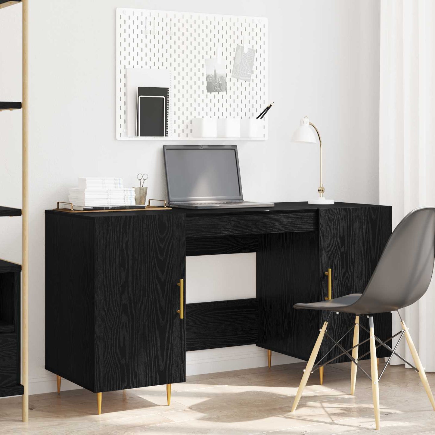 Skrivebord med hylle Svart eik 140 x 50 x 75 cm Konstruert tre