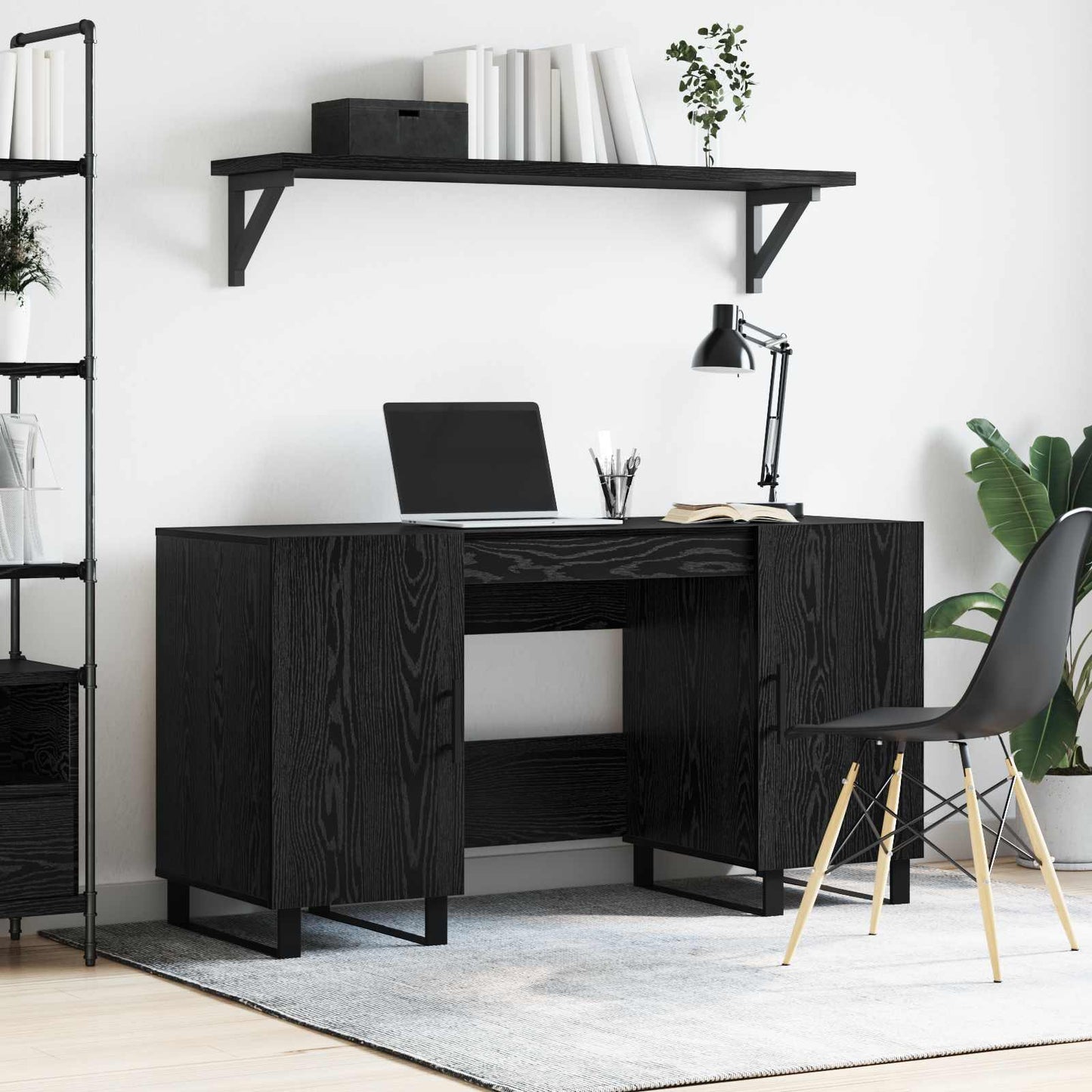 Skrivebord med hylle Svart eik 140 x 50 x 75 cm Konstruert tre