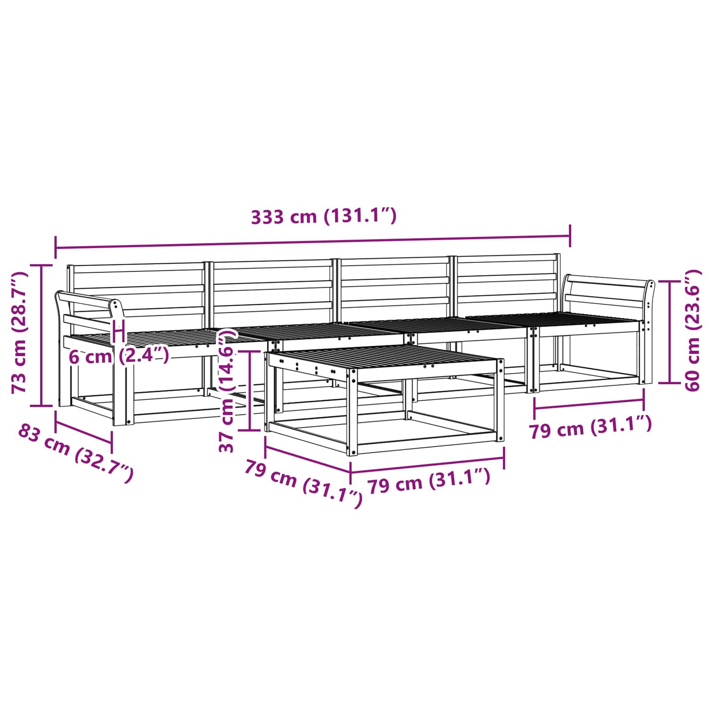Utendørs sofa-sett 5 pcs Hvit 79 x 79 x 37 cm Solid akasietre