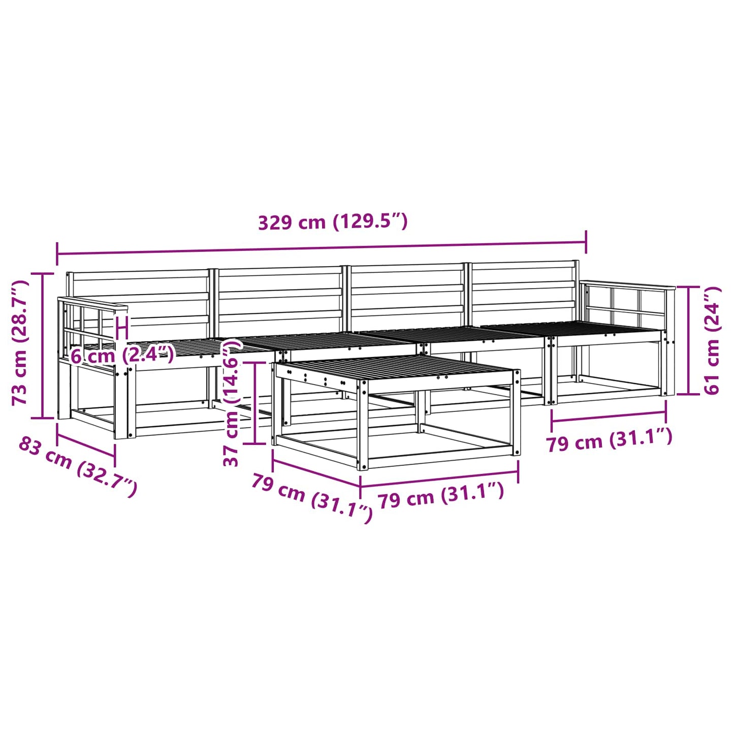 Utendørs sofa-sett 5 pcs Hvit 79 x 79 x 37 cm Solid akasietre