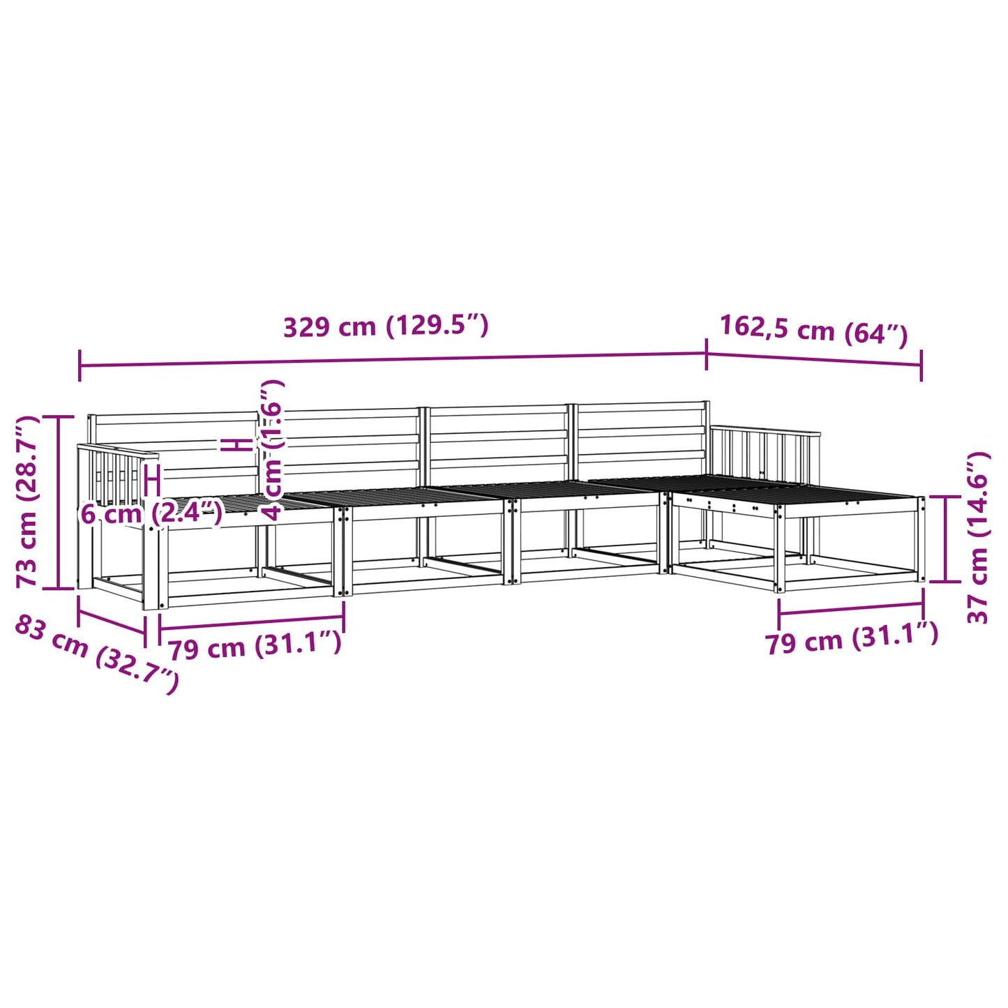 Utendørs sofa-sett 5 pcs Hvit 329 x 162,5 x 73 cm